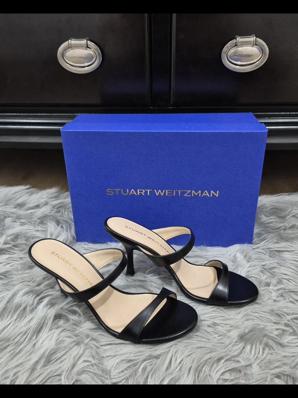 STUART WEITZMAM Nudist Slide 85 Black Suede Strappy High-Heel Sandals Size 7.5B
